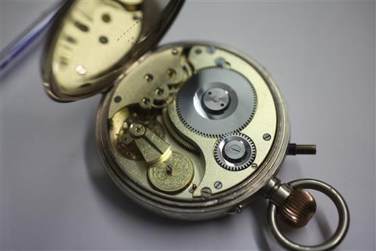 A plated Goliath pocket watch by J C Vickery, in silver mounted illuminating square case with strap handle and interior compartment, 6.